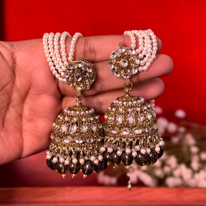 Mehvish Jadau Reverse AD Jhumka Earrings with Earchain - Mehendi Green
