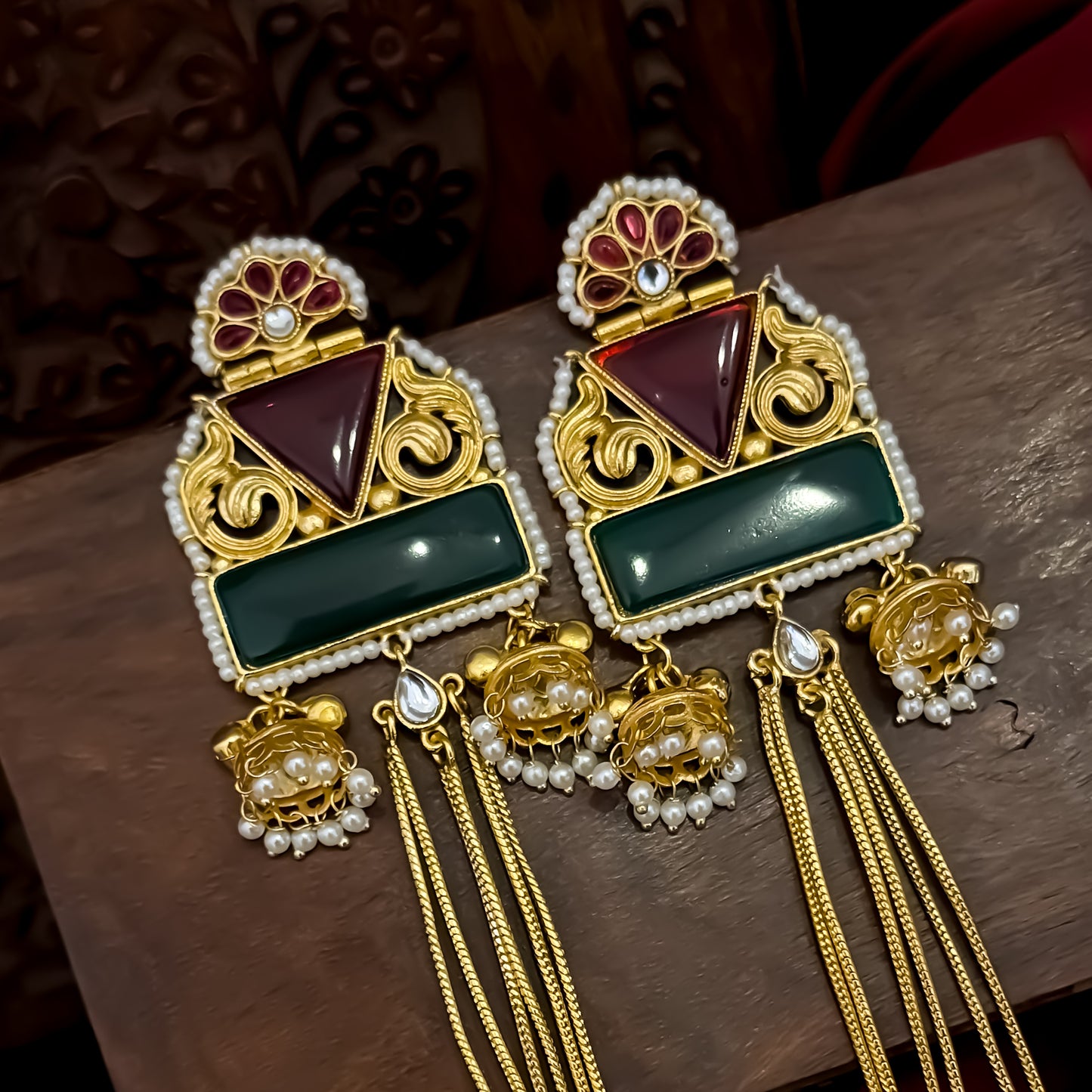 Jeenal Kashmiri Brass Ghungroo Earrings - Maroon & Green