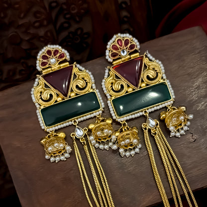 Jeenal Kashmiri Brass Ghungroo Earrings - Maroon & Green