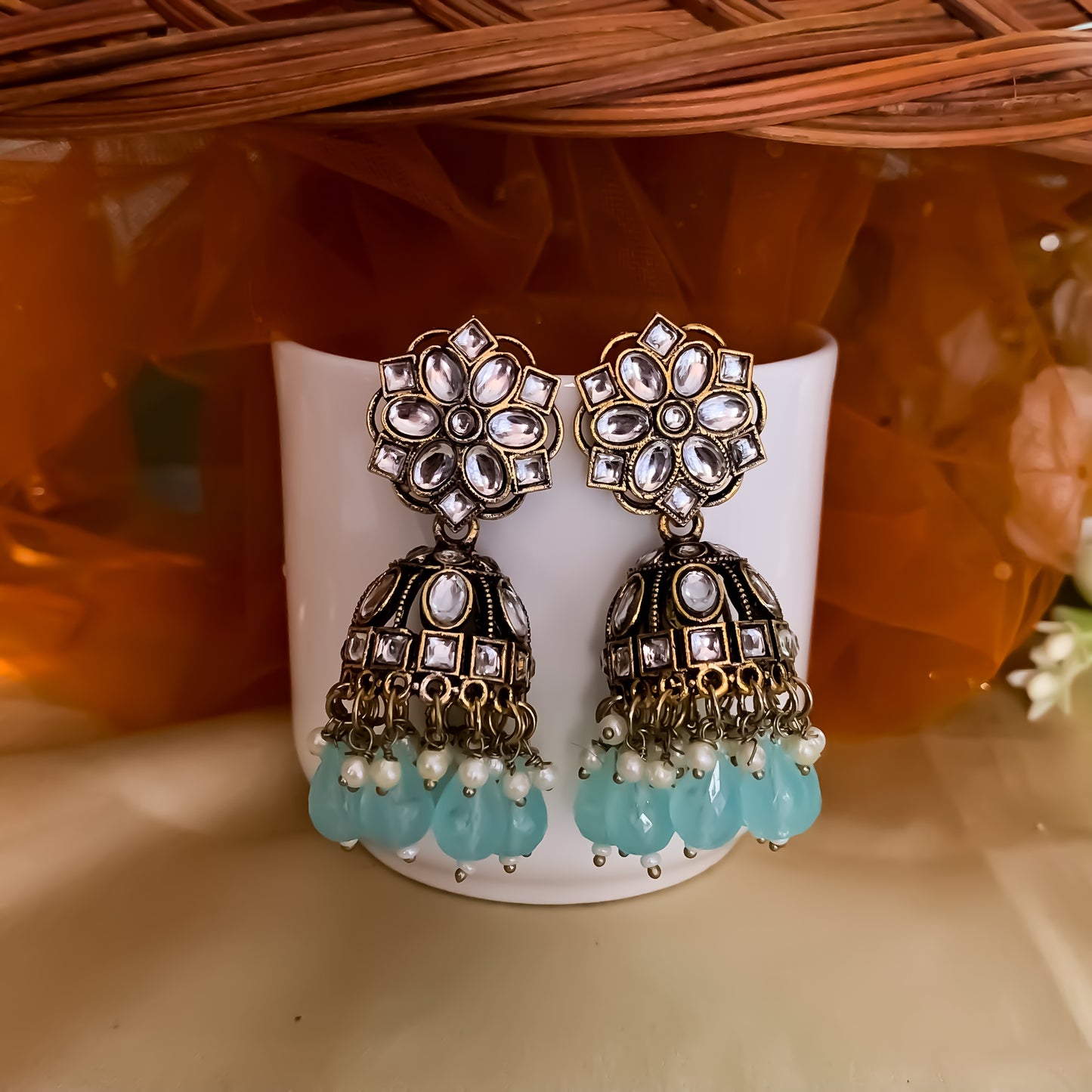 Aashika Pearl Jhumka Earrings- Sky Blue