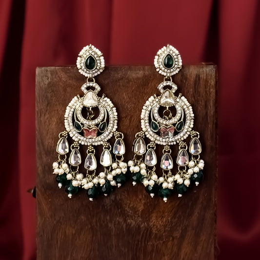 Athiya Kundan Pearl Premium Chandbali Earrings - Green