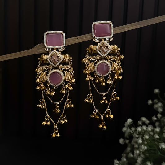 Patralekha Kashmiri Brass Dejhoor Ghungroo Jhumka Earrings - Pastel Pink