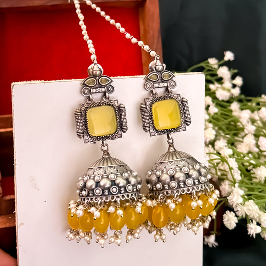 Sadaf Brass Jhumka Earrings with Earchains - Yellow