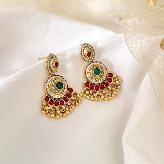 Sharda Fusion Rajwadi Kashmiri Brass Ghungroo Chandbali Earrings - Pink & Green