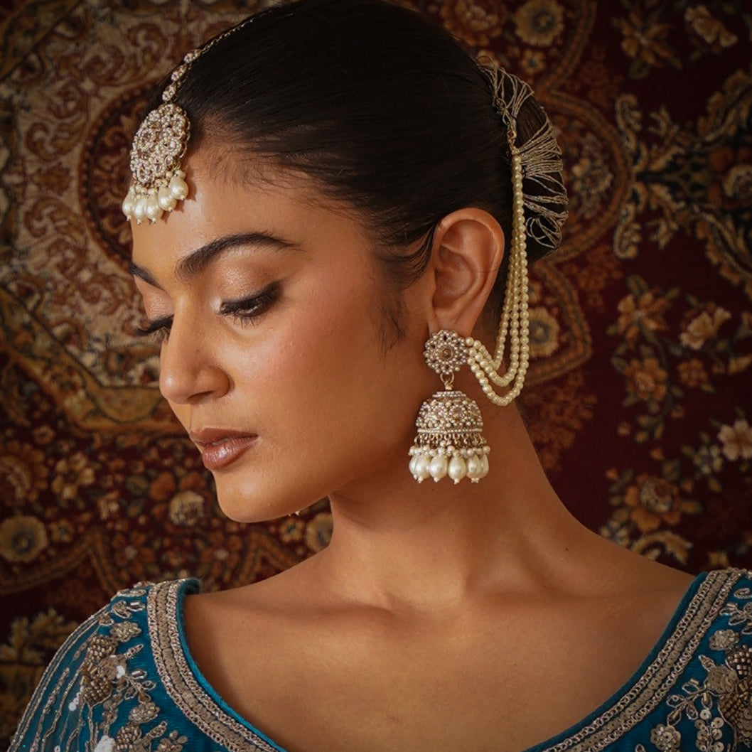 Mahtaab Jadau Reverse AD Jhumka Earrings with Earchain & Teeka - Golden