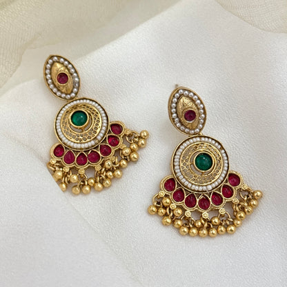 Sharda Fusion Rajwadi Kashmiri Brass Ghungroo Chandbali Earrings - Pink & Green
