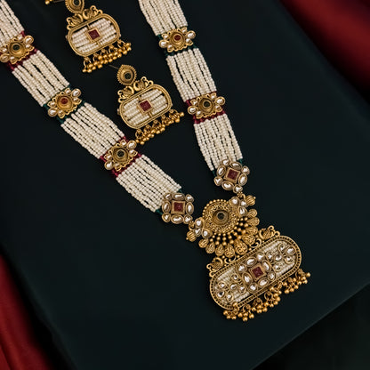 Kinjal Rajwadi Long Necklace Set - Green & Pink