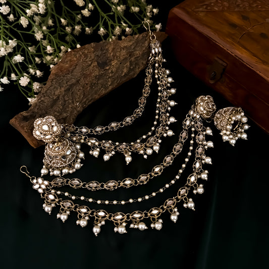 Ananta Mirror Premium Jadau Jhumka Earrings with Detachable Sahara/Earchain - Golden