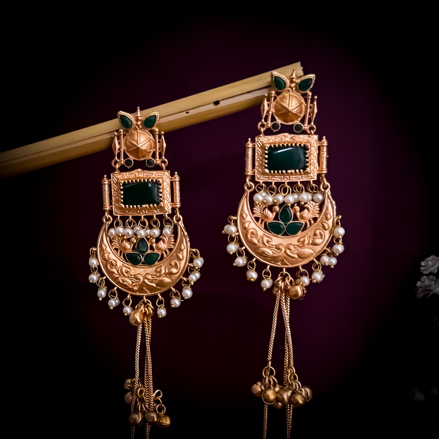 Kishna Kashmiri Brass Ghunghroo Green Chandbali Earrings