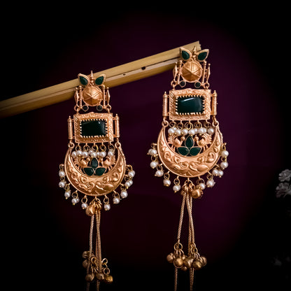Kishna Kashmiri Brass Ghunghroo Green Chandbali Earrings