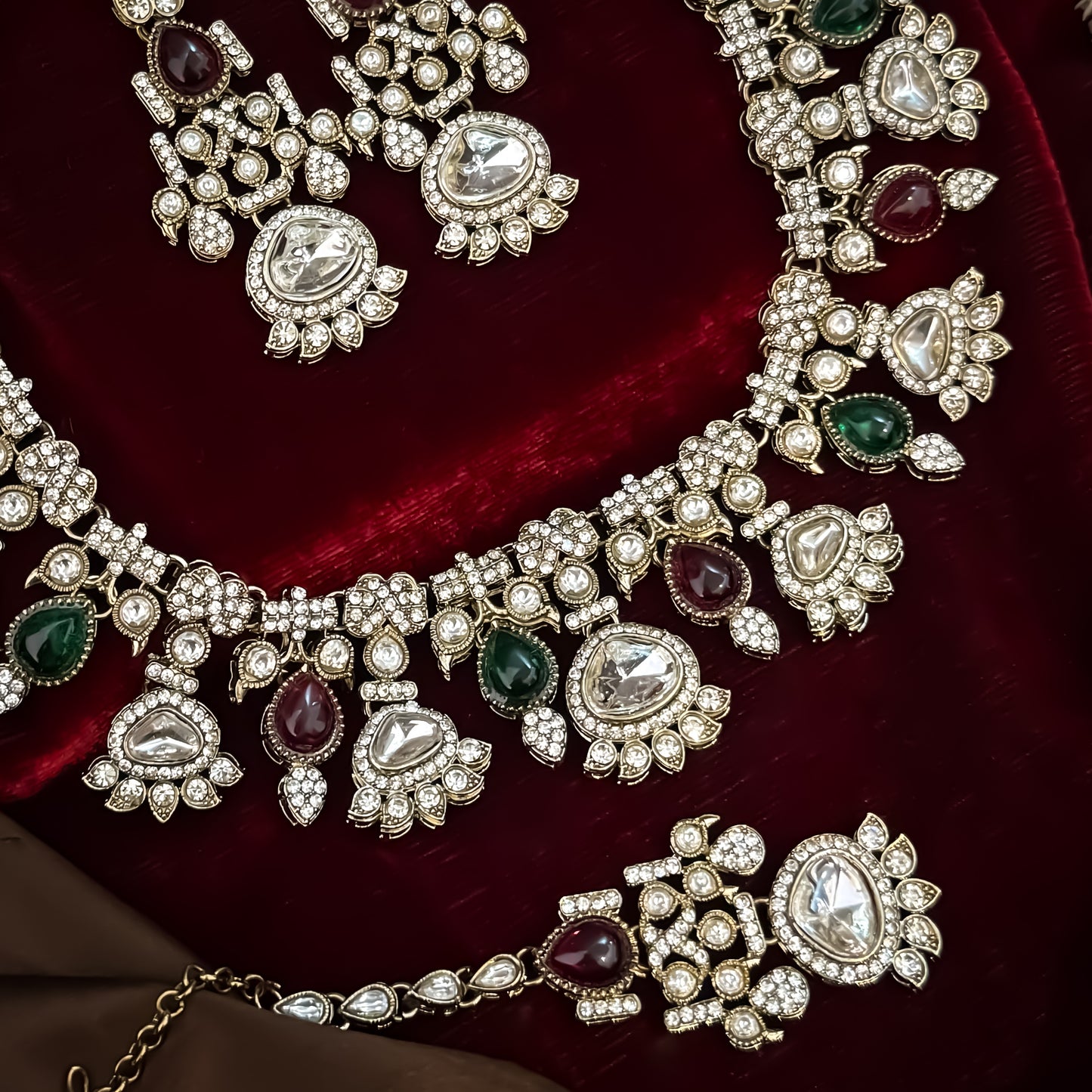 Jehana Premium Polki Lookalike Necklace Set - Maroon & Green