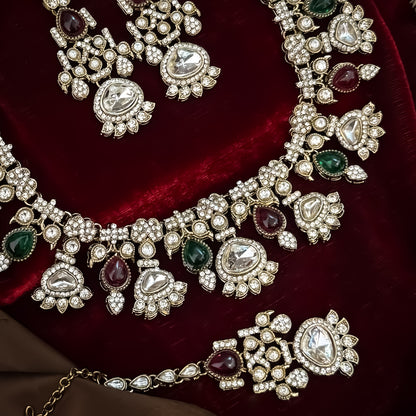 Jehana Premium Polki Lookalike Necklace Set - Maroon & Green