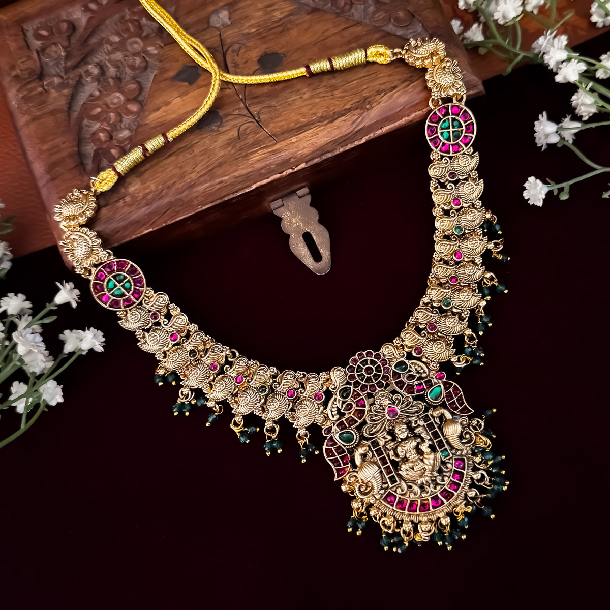 Pink & Green Rishvi Lakshmi Temple Necklace Set
