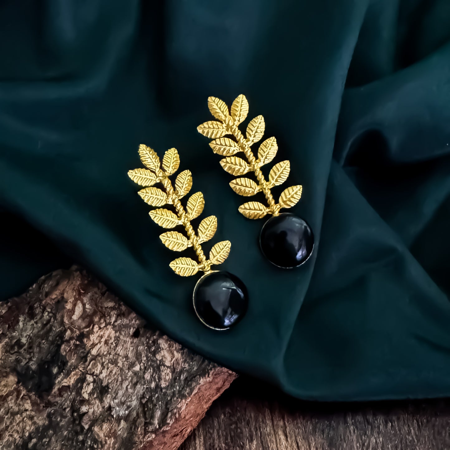 Lina Leaf Drop Handcrafted Brass Earrings - Black