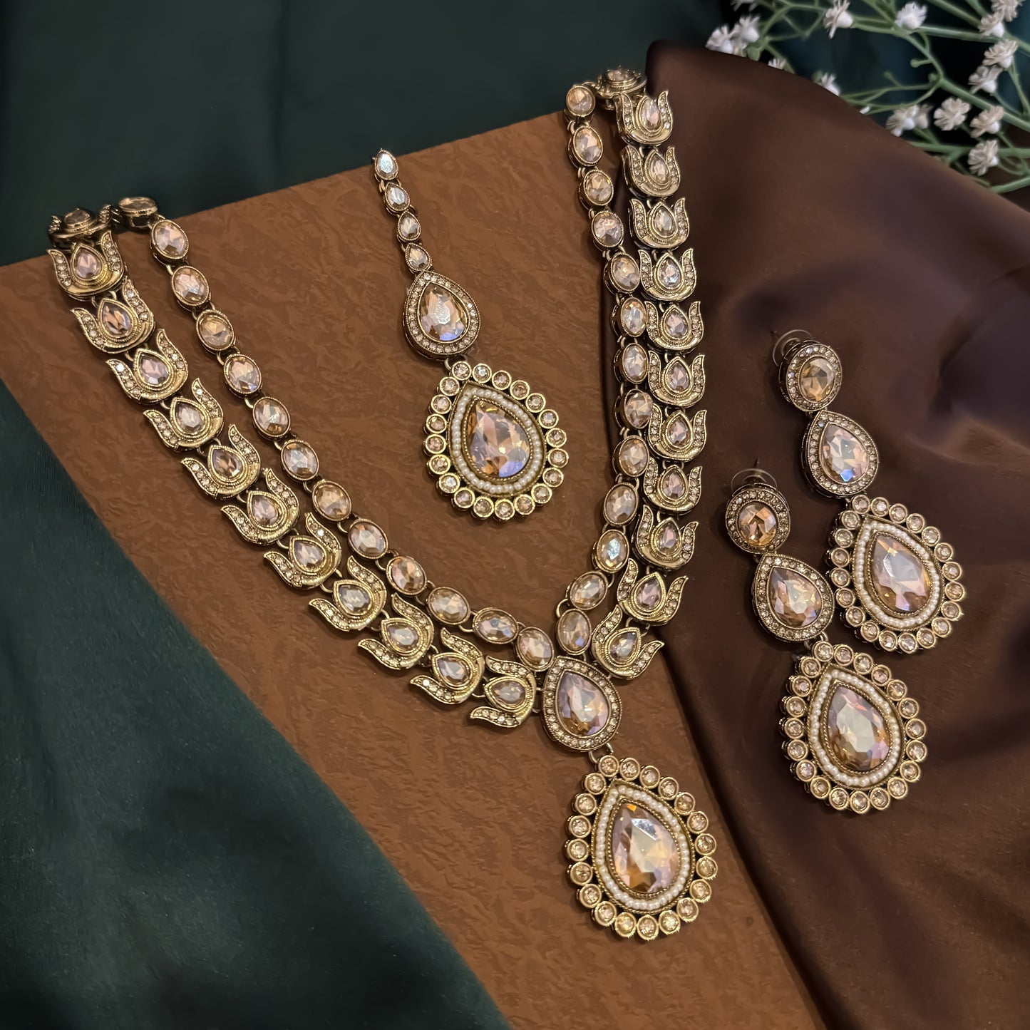 Ashiya Double Layer Designer Zircone Kundan Necklace Set - Golden