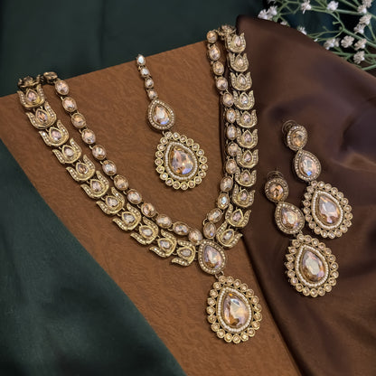 Ashiya Double Layer Designer Zircone Kundan Necklace Set - Golden
