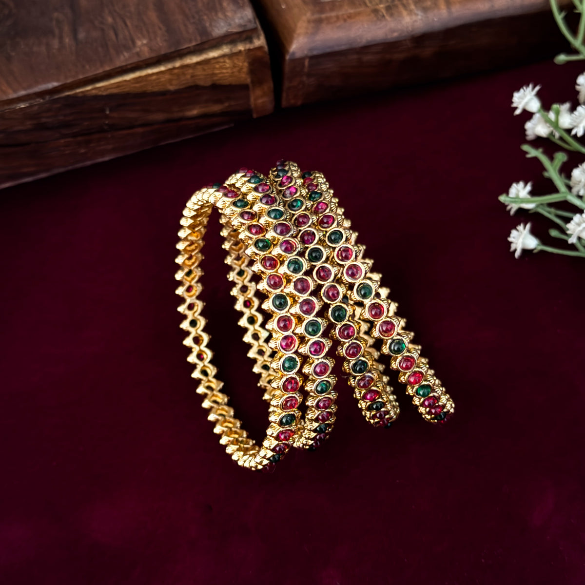 Malar Temple Gold Bangles - Pink & Green (Set of 4)