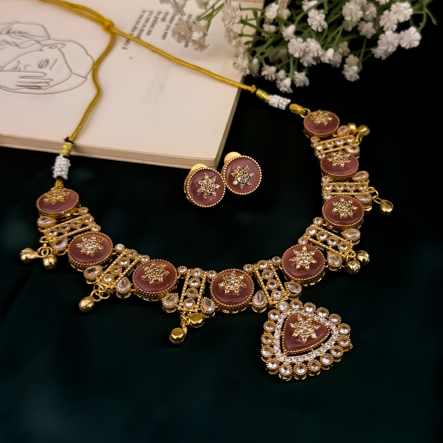 Naina Kashmiri Brass Ghungroo Necklace Set - Pastel Pink