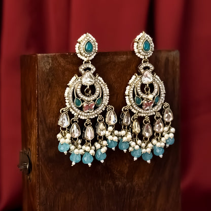 Athiya Kundan Pearl Premium Chandbali Earrings - Sky Blue/Firozi