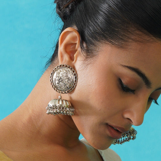 Leena Silver Oxidised Jhumka Earrings