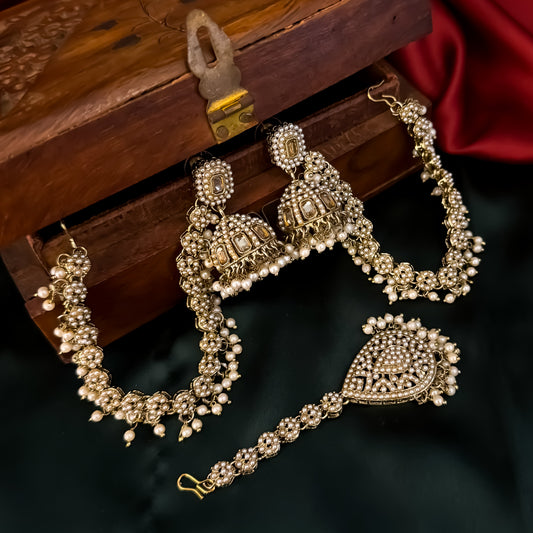 Aarzoo Jadau Reverse AD Jhumka Earrings with Sahara & Teeka - Golden