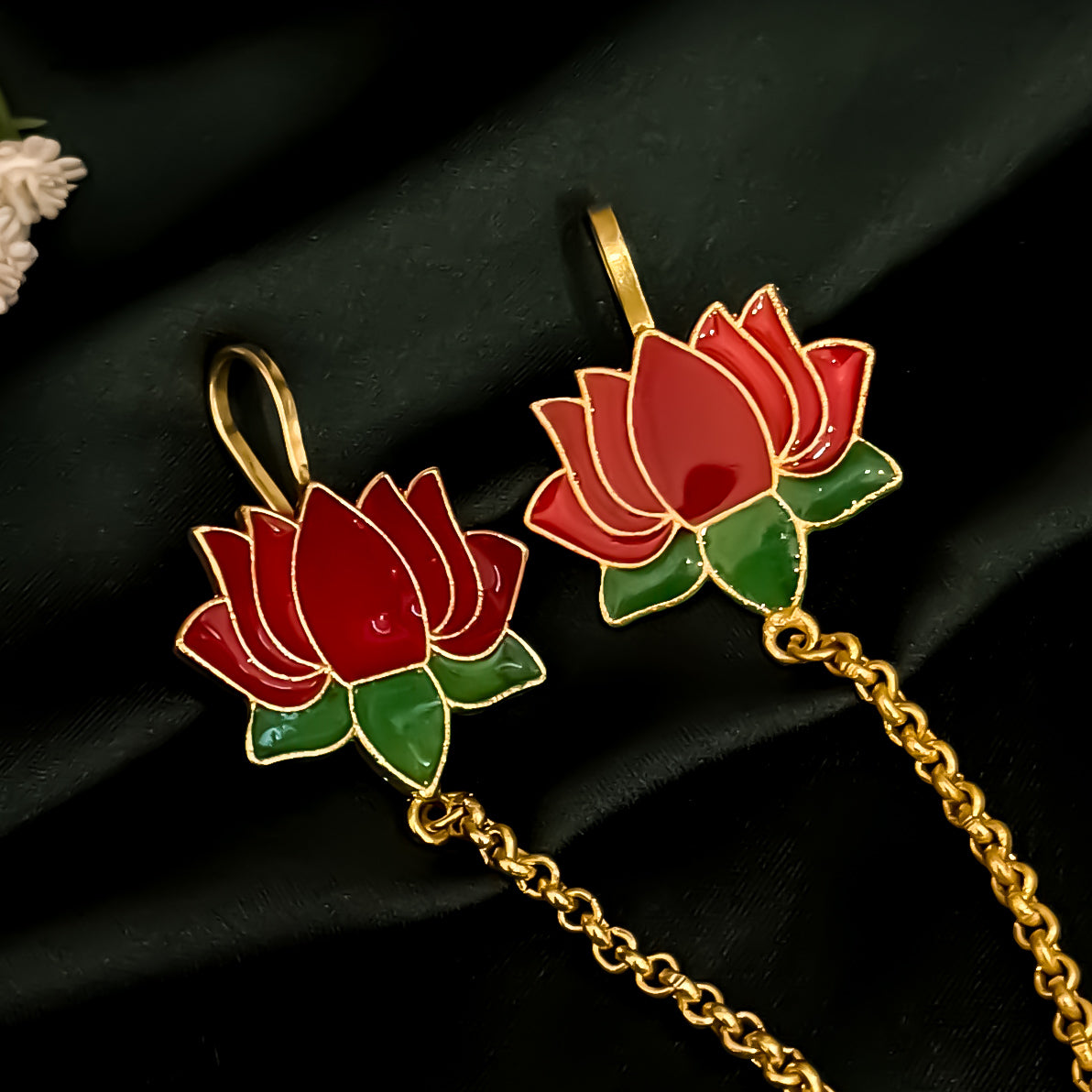 Sunehri Lotus Premium Kashmiri Brass Earrings with Sahara/Earchains - Pink & Golden