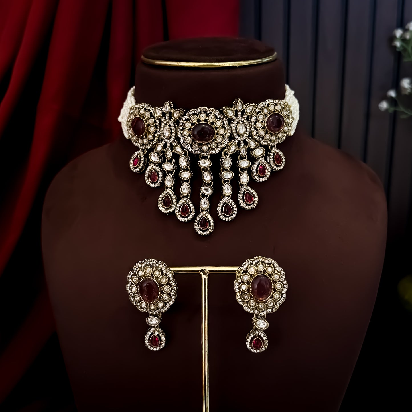 Rumani Premium Victorian Style Choker Necklace Set- Wine