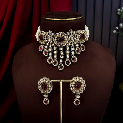 Rumani Premium Victorian Style Choker Necklace Set- Wine