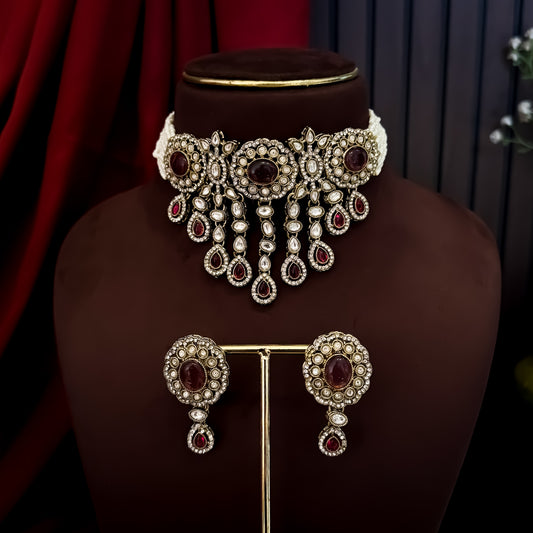 Rumani Premium Victorian Style Choker Necklace Set- Wine