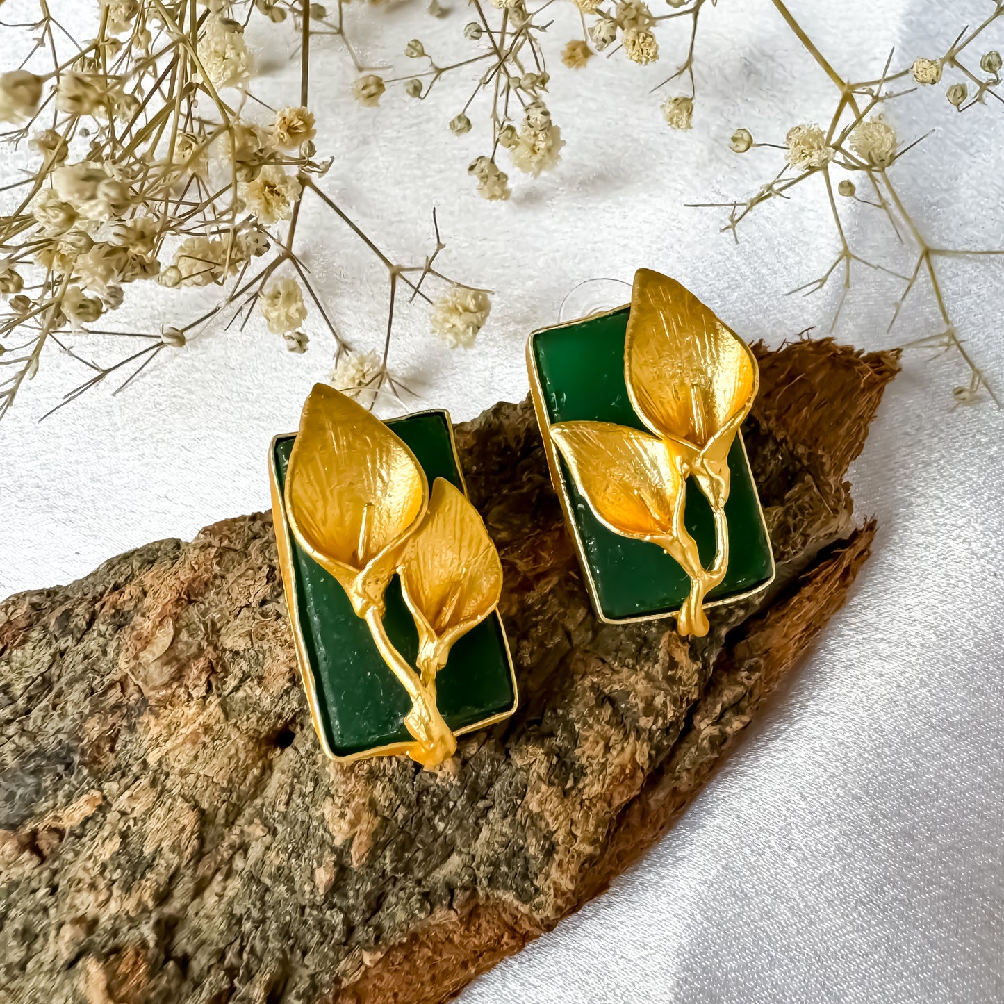 Uncut Natural Druzzy stone Brass Earrings - Green