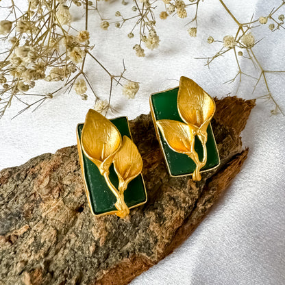 Uncut Natural Druzzy stone Brass Earrings - Green