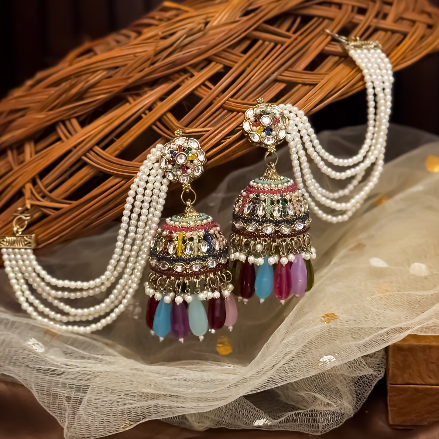 Mehvish Jadau Reverse AD Jhumka Earrings with Earchain - Multi