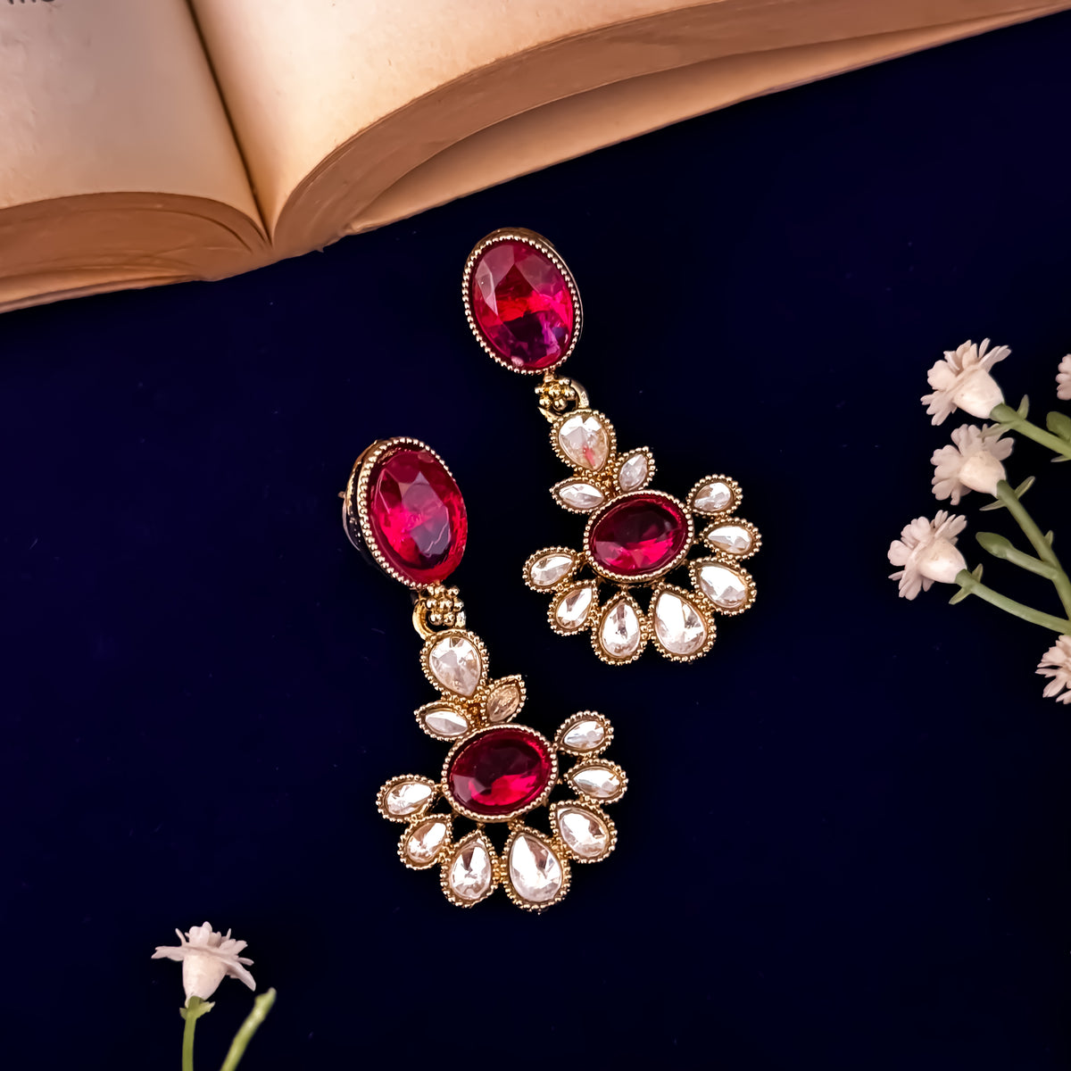 Magenta Pink Raisha Floral Kundan Necklace Set