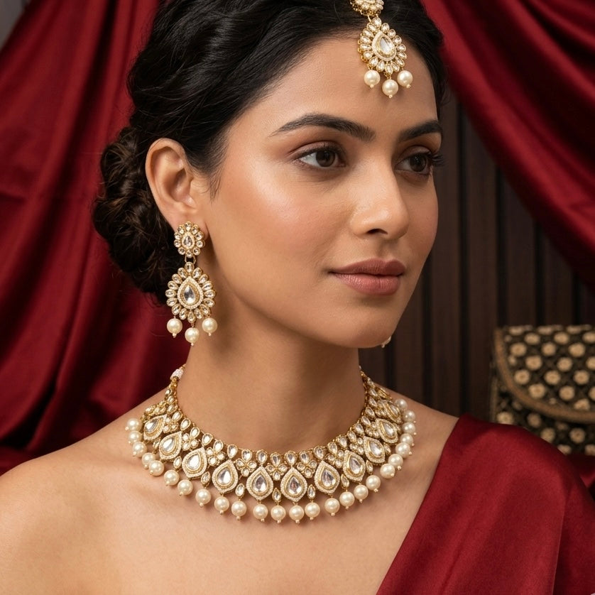 Kumud Kundan Necklace Set - Golden