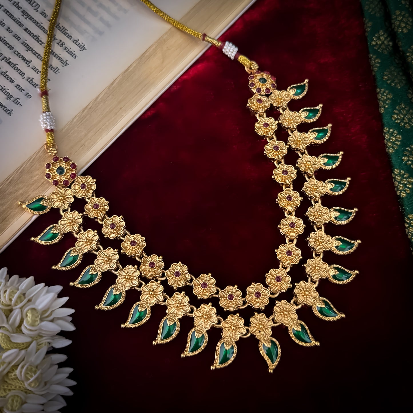 Riva Floral Double Layer Temple Necklace Set - Gold & Green