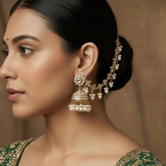 Kashi Kundan Jhumka Earrings with Sahara/Earchains - Golden