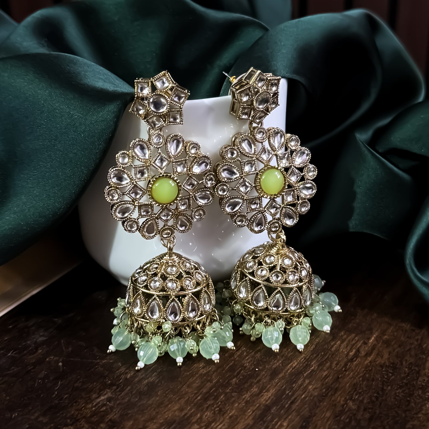 Shabana Premium Kundan Pearl Choker Necklace Set - Mint Green