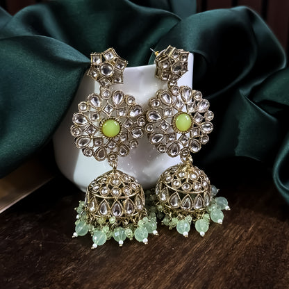 Shabana Premium Kundan Pearl Choker Necklace Set - Mint Green