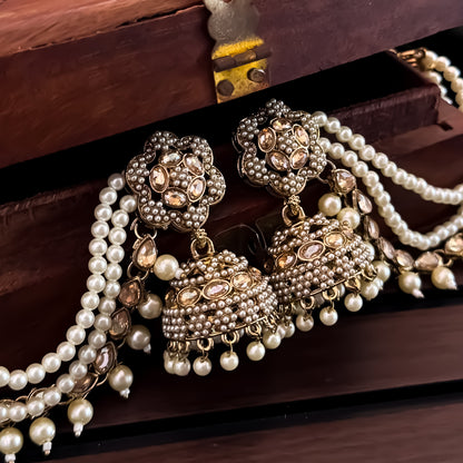 Manika Jadau Jhumka Earrings with Sahara/Earchains - Golden