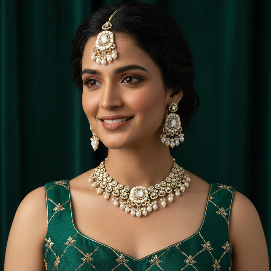 Tanishka Polki Premium Necklace Set - Golden