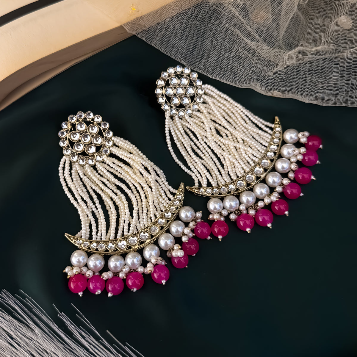 Pink Nikhat Kundan Pearl Chandbali Earrings