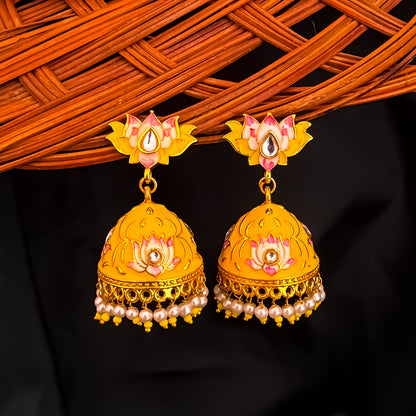 Meenakari Lotus Jhumka Earrings- Yellow
