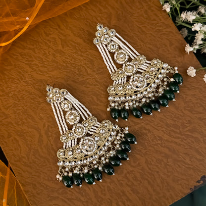 Green Kinza Kundan Pearl Chandbali Earrings