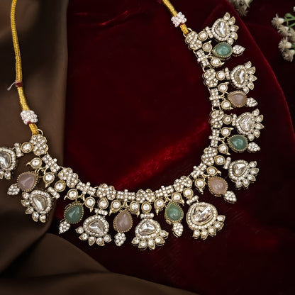 Jehana Premium Polki Lookalike Necklace Set - Pastel Pink & Green