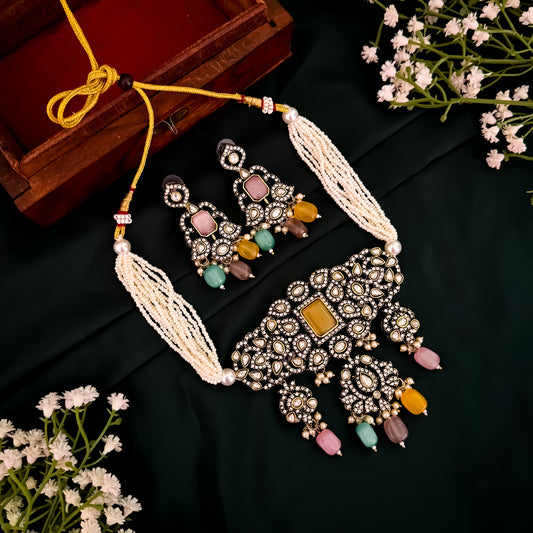 Aadhika Victorian AD Pearl Choker Necklace Set - Multi