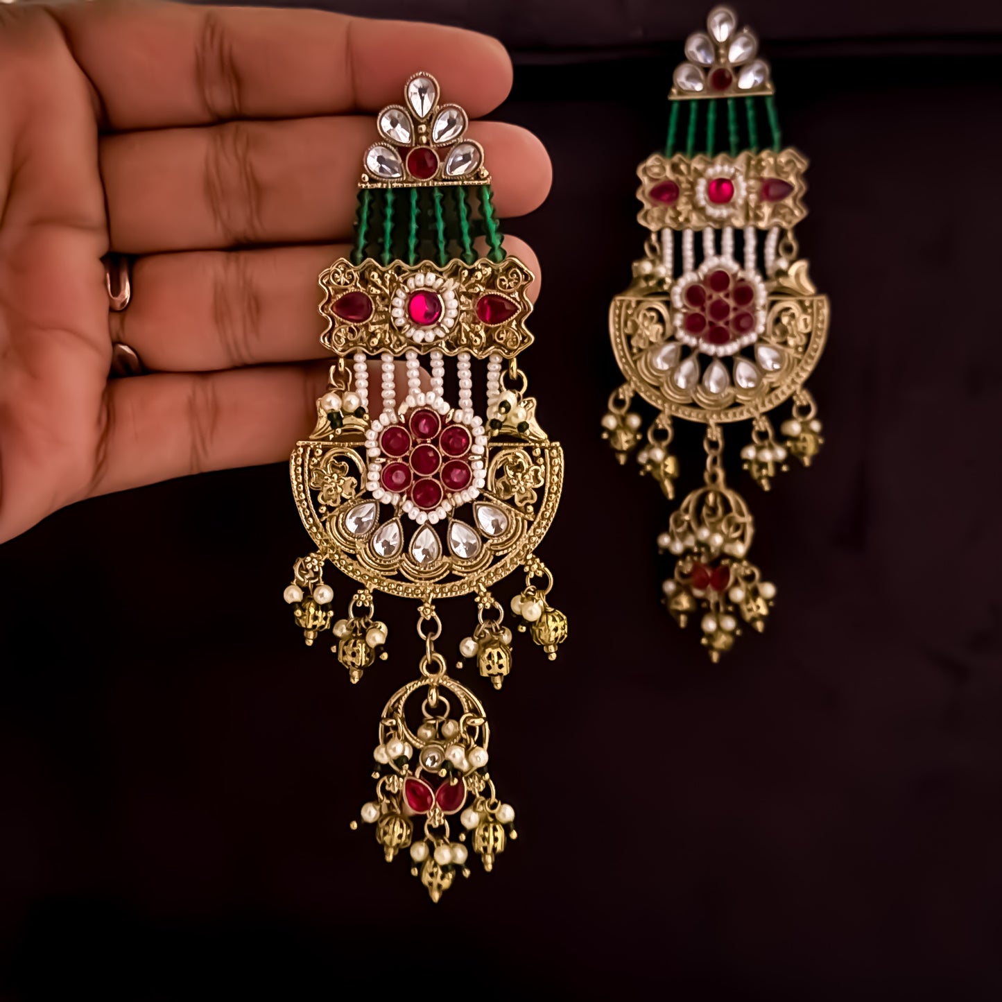 Raaj Rani Fusion Chandbali Green & Pink Earrings