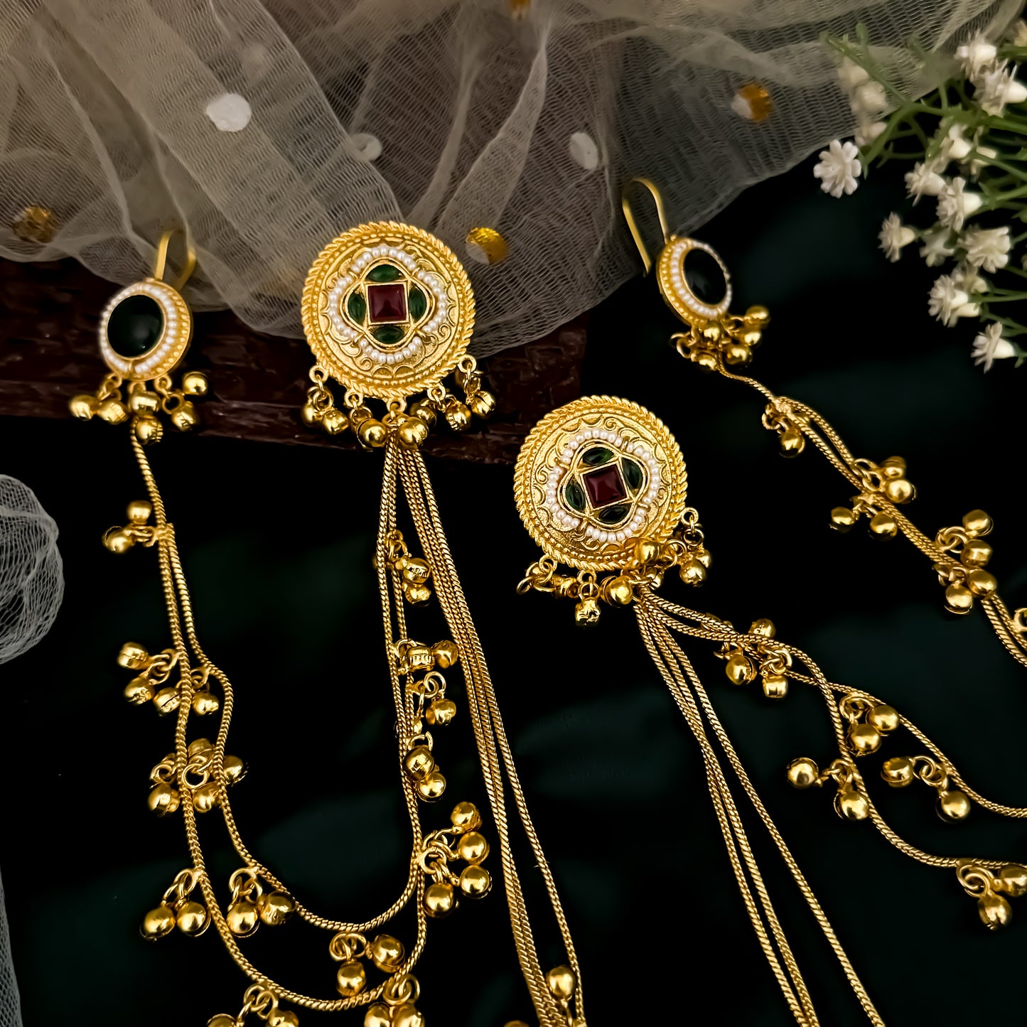 Shazia Premium Kashmiri Brass Ghungroo Earrings with Sahara/Earchains - Pink & Green