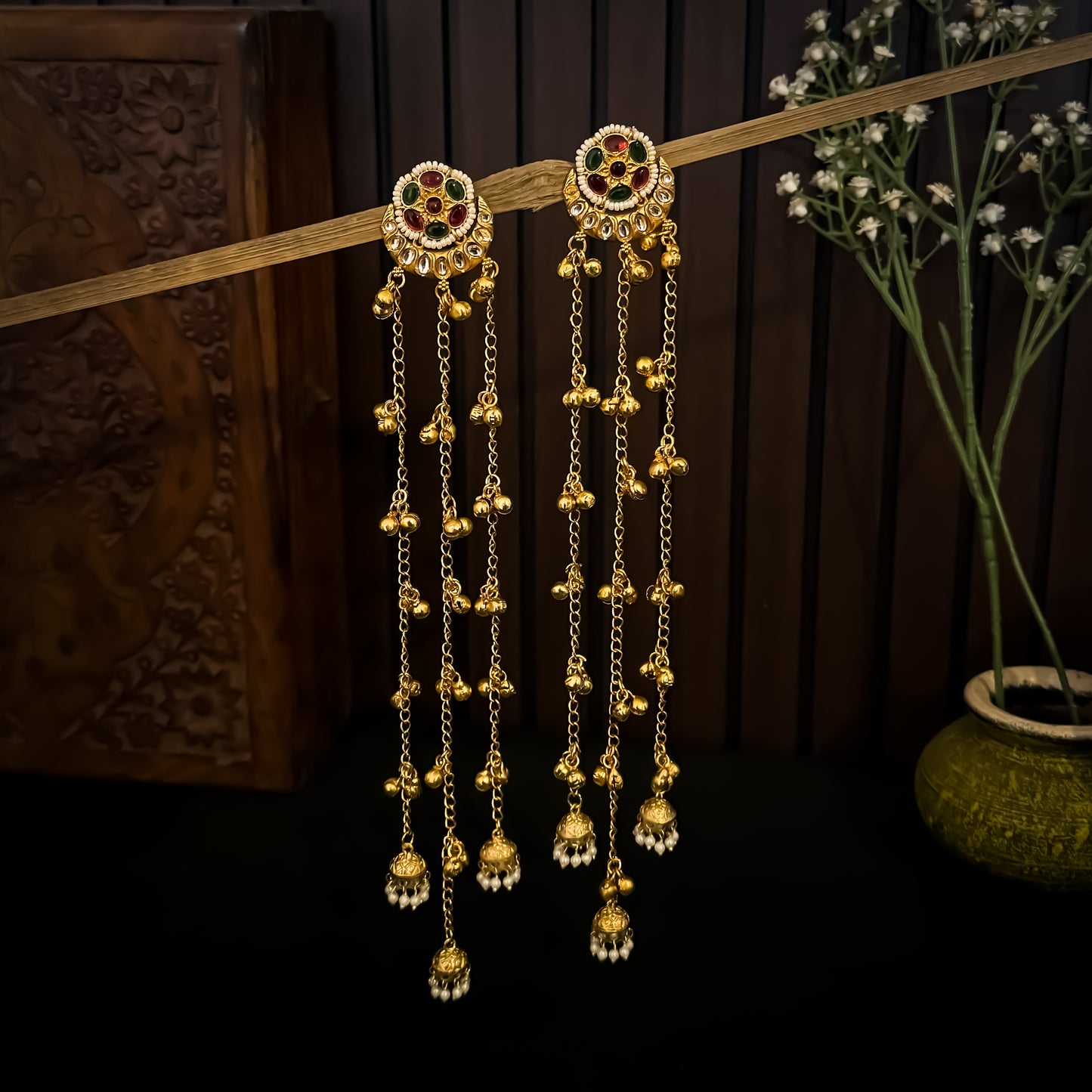 Dalisha Kashmiri Brass Dejhoor Ghungroo Earrings - Pink & Green