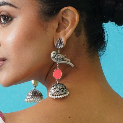 Parrot Afghani Mirror Silver Jhumka Earrings