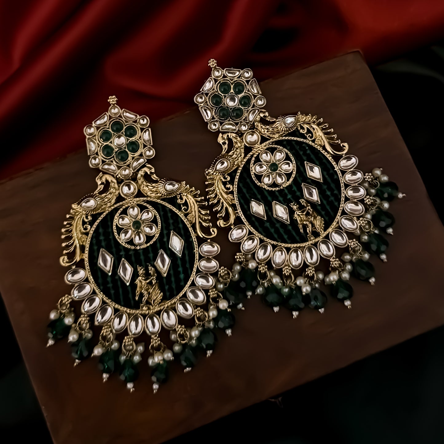 Dhwani Kundan Pearl Chandbali Earrings - Green